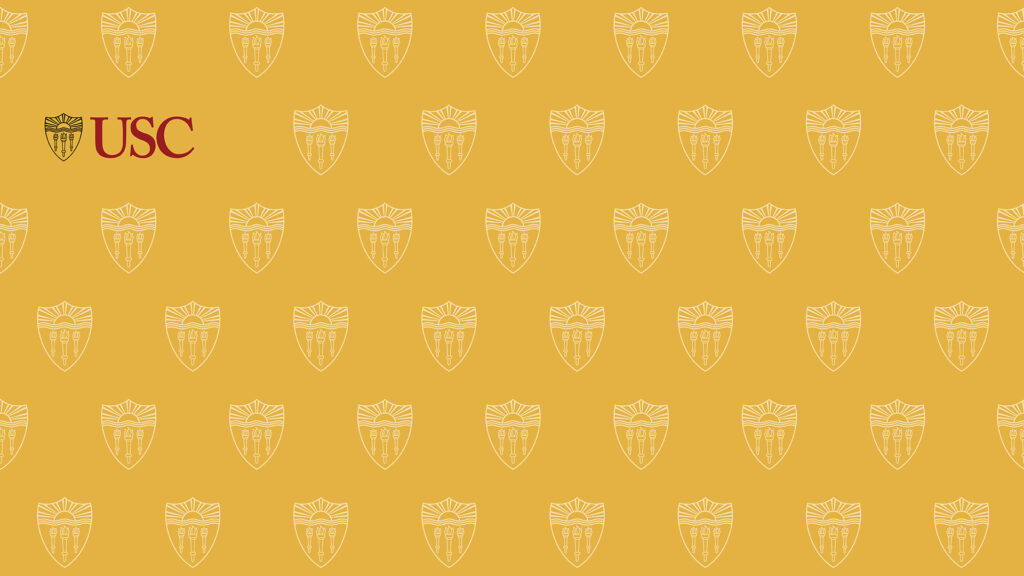USC gold pattern zoom background with cardinal monogram