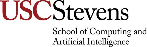 USC Stevens School of Computing and Artificial Intelligence formal logotype with a cardinal USC monogram on the left, followed by black Stevens School of Computing and Artificial Intelligence type on the right on a light gray background
