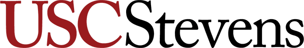 USC Stevens informal logotype with a cardinal USC monogram on the left, followed by black Stevens type on the right on a light gray background