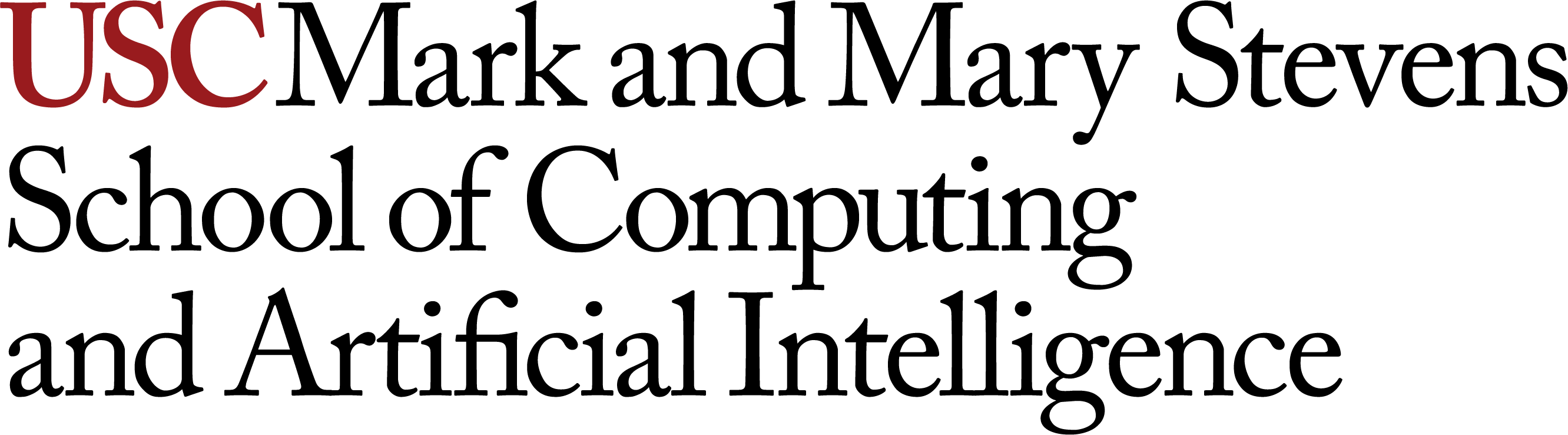 USC Mark and Mary Stevens School of Computing and Artificial Intelligence super formal logotype with a cardinal USC monogram on the left, followed by black Mark and Mary Stevens School of Computing and Artificial Intelligence type on the right on a light gray background