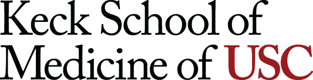 Keck School of Medicine of USC formal logotype with black Keck School of Medicine of type on the left and a cardinal USC monogram on the right on a light gray background