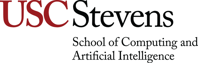 USC Stevens School of Computing and Artificial Intelligence formal logotype with a cardinal USC monogram on the left, followed by black Rossier School of Education type on the right on a light gray background