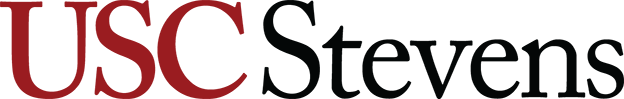 USC Stevens informal logotype with a cardinal USC monogram on the left, followed by black Stevens type on the right on a light gray background